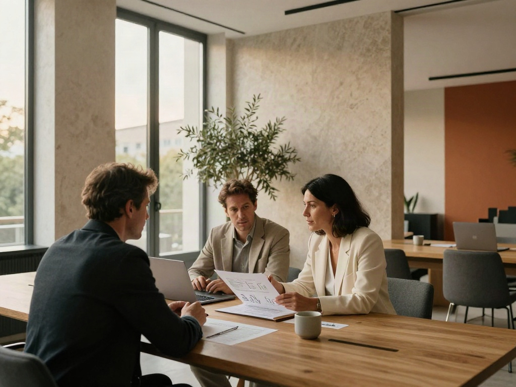 Consultants reviewing business insights together in a sunlit modern office