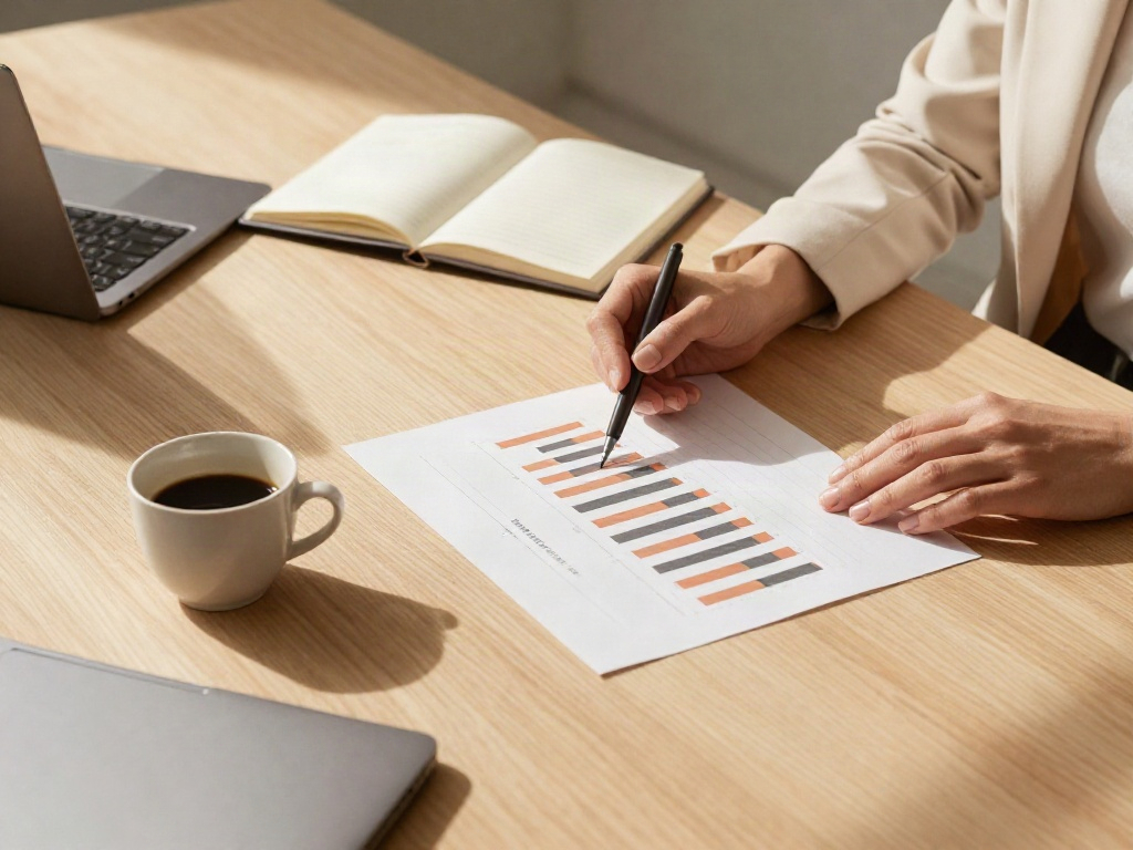 A closer look at a collaborative business review, with printed charts and notes on a wooden table